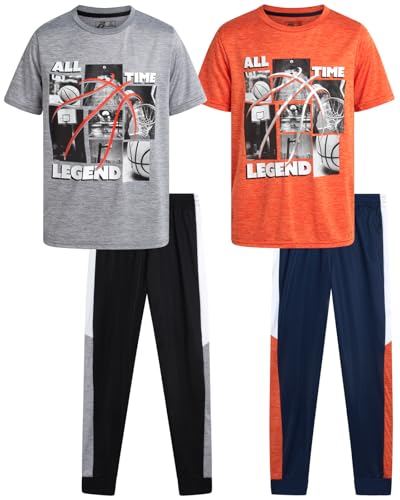 Pro Athlete Boys Sweat Suit Set - 4 Piece Short Sleeve Crewneck Athletic Graphic Tees and Tricot Jogger Sweatpants (8-16)