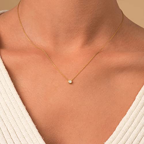 Tewiky Diamond Necklaces For Women, Dainty Gold Necklace 14K Gold Plated Simple Cz Diamond Solitaire Pendant Necklaces Cute Minimalist Gold Plated Choker Necklace For Women Girls Gifts #TOP2
