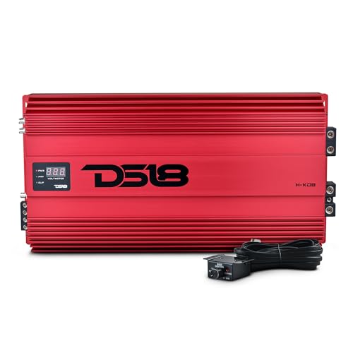 DS18 H-KO8/RD Korean Half Bridge 1-Channel Monoblock Amplifier with Voltmeter and Clip Indicator, 8000 Watts RMS - High-Performance Car Amp, Remote BASS Knob Included