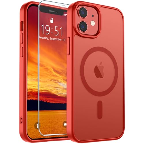Image of SUPFINE Magnetic for iPhone 12 Mini Case & iPhone 13 Mini Case (Compatible with MagSafe) (Military Grade Drop Protection) Slim Translucent Matte Shockproof Phone Cover,Red