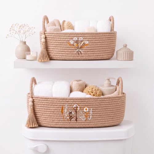 Mifoci 2 Pcs Woven Basket for Bathroom Organizer, Toilet Paper Storage Basket for Tank Top, Embroidery Boho Jute Cotton Rope with Handle Bead, Countertop Organizing for Towels, Aromatherapy