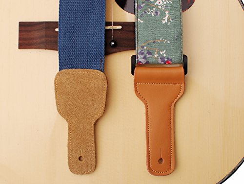Music First Original Design, 2 Inch Width (5Cm), Vintage Style “Plum Flowers” Canvas & Genuine Leather Floral Guitar Strap Electric Guitar Straps #TOP6