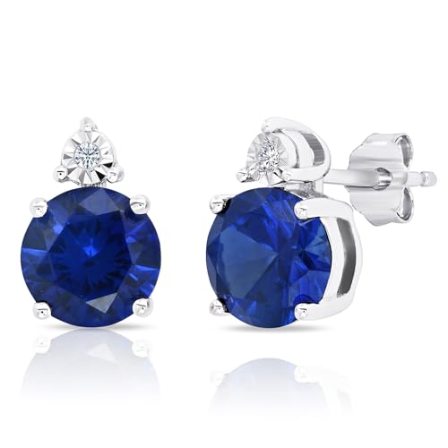 Gemstone and Diamond Accent Halo Round Stud Earrings for Women in 925 Sterling Silver 7mm Birthstone with Push Backs by MAX + STONE