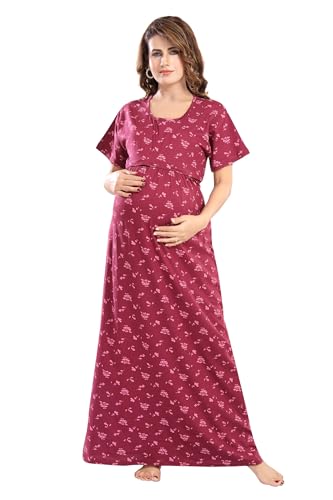 Image of Fabme Women's Full Length Printed Pre and Post Pregnancy Pure Cotton Nursing Nightdress Nighty