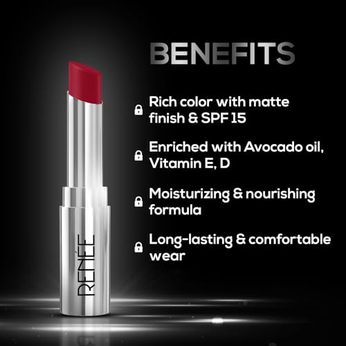 Image of RENEE Matte Lock Lipstick - Rock, Moisturizing, Long Lasting & Weightless Formula, Intense Color Pay Off with Ultra-Matte Finish, Enriched with Avocado oil, Vitamin E, D & Beta-Carotene, 3.5 Gm