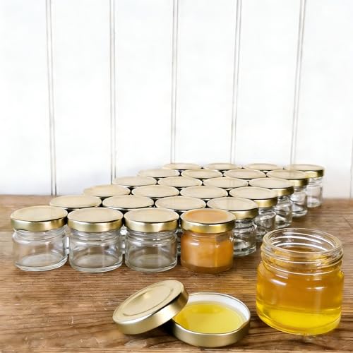 JACKANNA Set di 24 vasetti per conserve da 50 ml, con coperchio, piccoli barattoli con coperchio, mini vasetti con etichette, vasetti con tappo a vite, piccoli barattoli per marmellata (oro)
