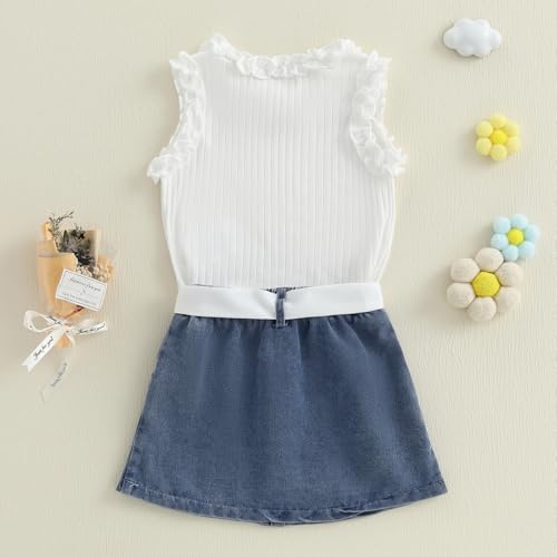 3PCS Baby Girls Ruffles Neck Ribbed Knitted Vest Sleeveless Shirt + A-line Denim Skirt + Belt Outfits Sets3