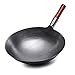 fikujap Wok Tradizionale Non salato Non patinato, Ferro martellato a Mano Wok, con Helper in Legno, Pavimenti Rotondi Wok,36CM