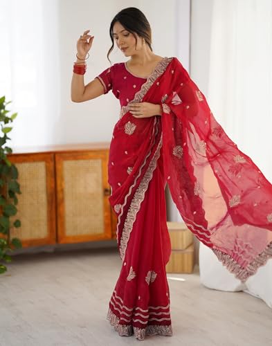 Image of SIRIL Women's Chiffon Scalloped Border Sequins Embroidery Saree with Unstitched Blouse Piece