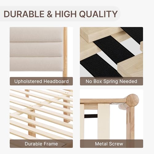 KISLOT Wood Bed Frame with Upholstered Headboard Wooden Platform with Silent Slat Support Mattress Foundation No Box Spring Needed, Easy Assembly