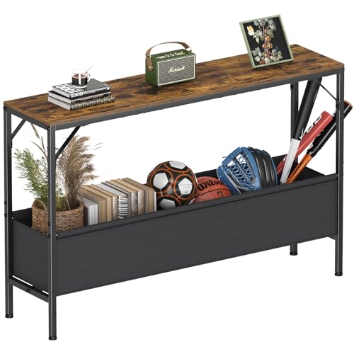 Asgolion Narrow Console Table, 47.2" Long Entryway Table with Storage Basket, Hallway Table, Mordern Industrial Sofa Tables for Living Room, Bedroom, Foyer, Office, Anti-tip Kit, Rustic Brown