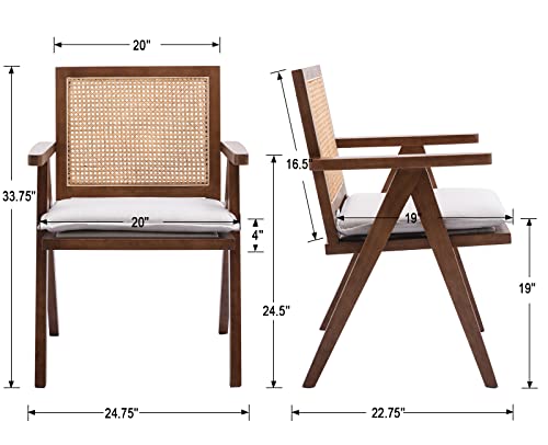 Zhenghao Rattan Dining Chairs Set Of 4, Mid Century Modern Linen Accent Chairs With Mesh Back Upholstered Cane Chairs Comfy Side Chair With Arms For Dining Room/Restaurant/Living Room, Walnut Beige #TOP1
