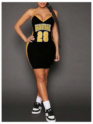 Image of Verdusa Women's Jersey Dress Letter Print Bodycon V Neck Cami Mini Dresses