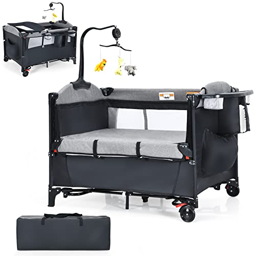 DREAMADE 5 en 1 Lit Parapluie Bébé 125x65x78CM avec Matelas Lit Cododo Tout-Petites 0-3 Ans avec Boîte à Musique,Hauteur Réglable,Roues avec Freins,Table à Langer,Porte-Couches,Jouets(Noir)