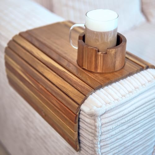 Acacia Couch Arm Tray with Cup Holder and Foldable Design