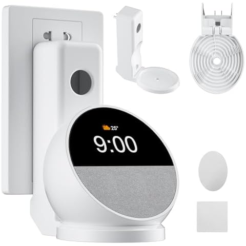 AFGHOA Wall Mount Stand for Echo Spot 2024, Outlet Hanger Stand with Built-in Cable Management, Hide Messy Wires Wall Holder, Space Saving Stand for Echo Spot Kids,No Screws and Drill Needed,White Cover