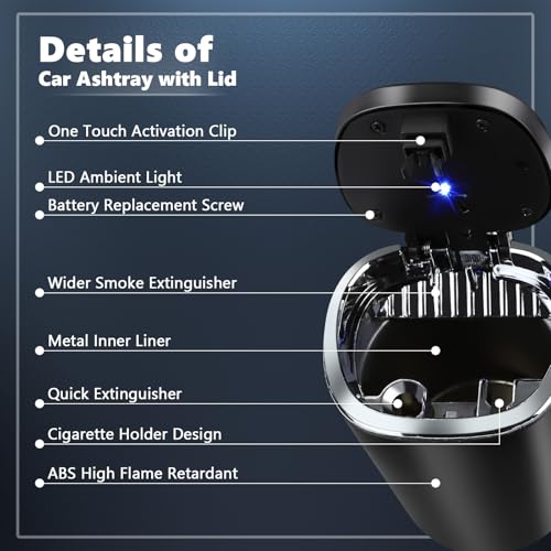 Image of Car Ashtray with Lid, Smell Proof Mini Car Trash Can, Detachable Stainless Steel Ashtray with LED Blue Light, Universal Interior Accessories for Cars, Trucks, SUVs