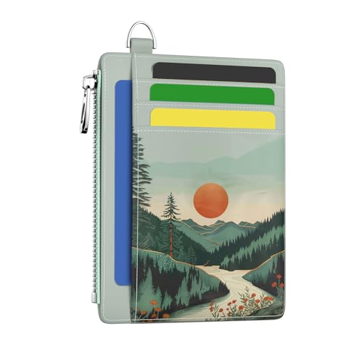 Image of Hancynir Slim Wallet Women Credit Card Holder, Mountain Sunset RFID Blocking Small Mini Card Wallets, Cute Front Pocket PU Leather Card Case, Thin Travel Zipper Coin Cash Ladies Female Wallet Gifts