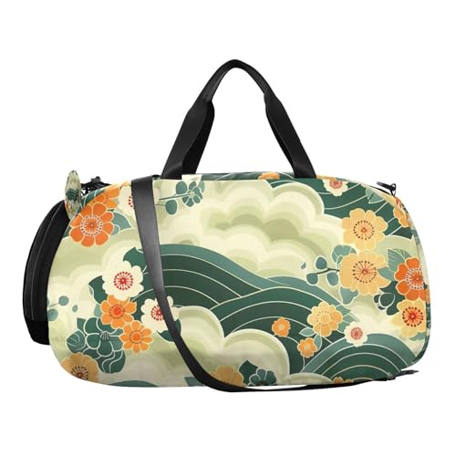 YETTASBIN Sport Travel Duffel Bag for Girls Boys, Japanese Style Flower Large Waterproof Weekender Overnight Bag, Detachable Shoulder Strap Gym Bag with Shoe Compartment & Wet Pocket2