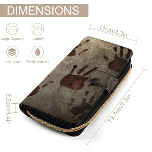 Nugier Women Soft PU Leather Wallet, Zipper Card Case Clutch Credit Bills Money Crash Coin 7.8x4.3x1.4 in Holder Purse Print Old Vintage Bloody Handprints Blood Hands2