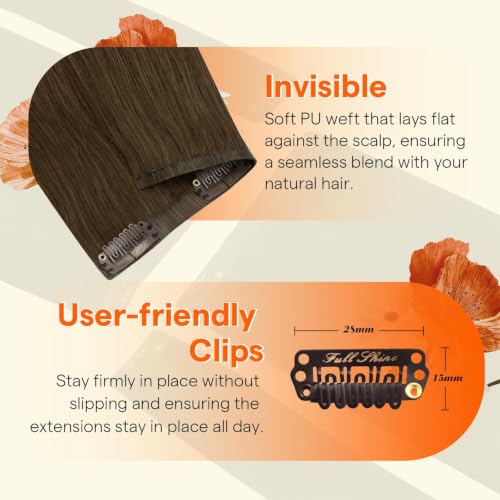 Image of Full Shine Medium Brown Hair Extensions, Seamless Human Hair Clip ins | Human Hair Clip in Extensions, 12 Inch 55g 4 Pcs, Part Line Fill ins, Soft Straight, Office Styling, Short Hair