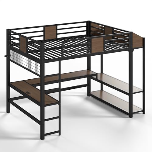 Image of Bellemave Queen Size Metal Loft Bed with L-Shaped Desk, LED Lights & Charging Station, Heavy Duty Loft Bed Frame with Hanging Rod and Storage Shelves for Kids, Teens & Adults, Space Saving,Black