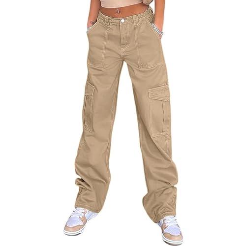 WZIKAI Cargo Pants for Women High Waisted Casual Pants Baggy Wide Leg Trousers Y2K Streetwear with 6 Pockets Khaki M