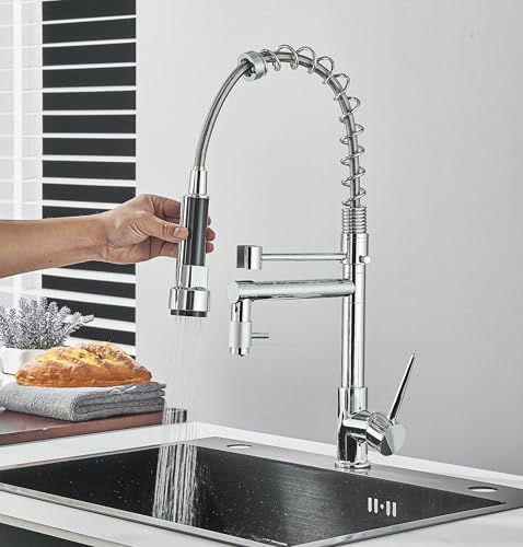 Rubinetto da cucina estraibile, con due beccucci e due tipi di getto, girevole a 360°, rubinetto da cucina, rubinetto a molla a spirale, cromato