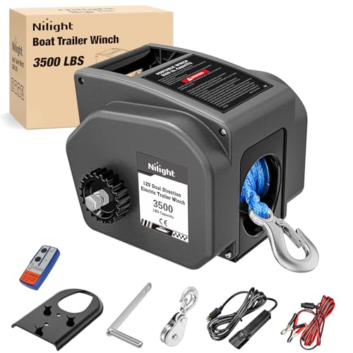Nilight Boat Trailer Winch 3500 lbs Portable Electric Boat Winches 12 V DC Marine Winch with Synthetic Rope Remote Control Hand Crank Power-in Freewheel Waterproof Winch for Boat Trailer Towing Gray