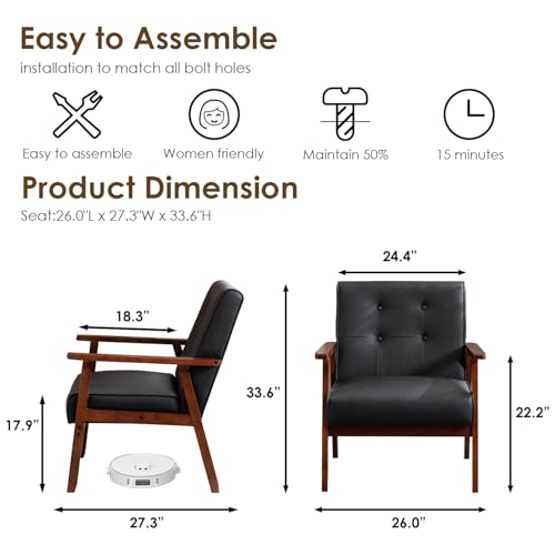 Image of STHOUYN Black Leather Accent Chair, Waiting Chair with Wooden Arms | Mid Century Modern, Tufted Backrest, Small, Living Room, Bedroom, Dorm