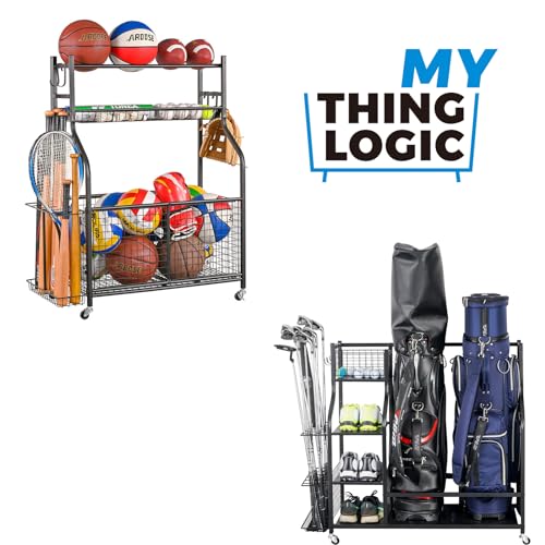 Mythinglogic Sports Equipment Garage Organizer,Garage Ball Storage for Sports Gear and Toys, Rolling Ball Cart with Wheels for Indoor/Outdoor Use