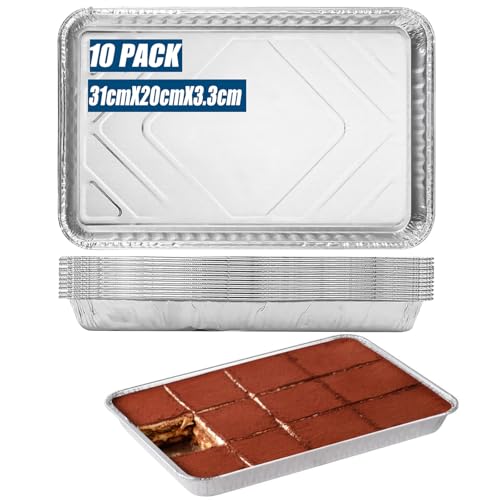 MUAMAX 10 bandejas desechables de aluminio para hornear, (32 x 20 x 3.3), bandejas de aluminio para hornear, bandejas para hornear, recipientes rectangulares de aluminio, hornear, cocinar, asar