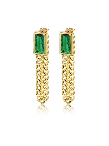 Green and Gold Earrings, 18K Gold Plated Chain Earrings for Women, 925 Sterling Silver Stud Green Earrings for Women Dangle