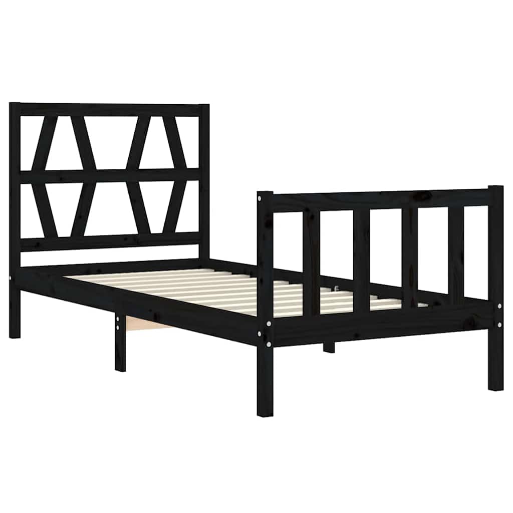 lite drewno sosnowe z wezgłowiem i zanóżkiem 75x190 cm czarny | Rama łóżka z wezgłowiem i zanóżkiem, czarna, lite drewno sosnowe, 195,5x80,5x100 cm, listwy ze sklejki, do sypialni, bez