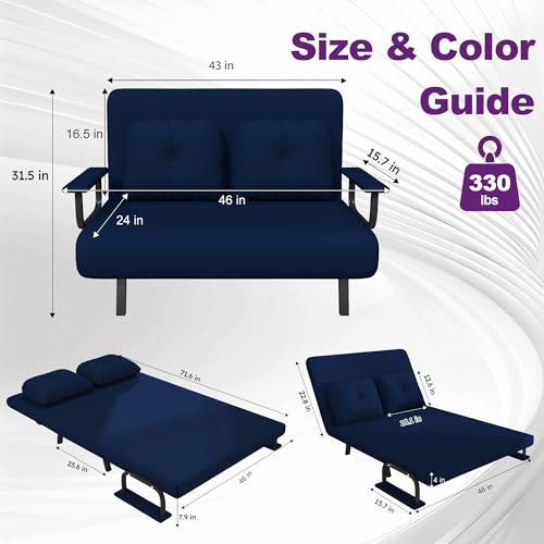 Image of Montary 5-in-1 Folding Sofa Bed for Two 71.6 inch Wide Convertible Chair with 5-Position Adjustable Backrest Pillow, Space-Saving Sleeper for Living Room Bedroom Office,Blue