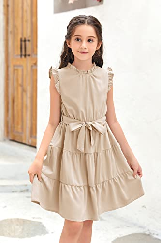 Geckatte Girls Dresses Casual Ruffle Sleeve Plain Tiered Pleated Party Midi Dress with Belt 4-15 Years2