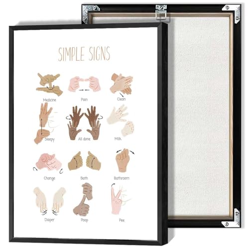Image of American Sign Language Wall Art Simple Deaf Signs Poster Special Education Classroom Decor Prints Painting For School Nursery Kids Room Wall Decor 12x16in Unframed