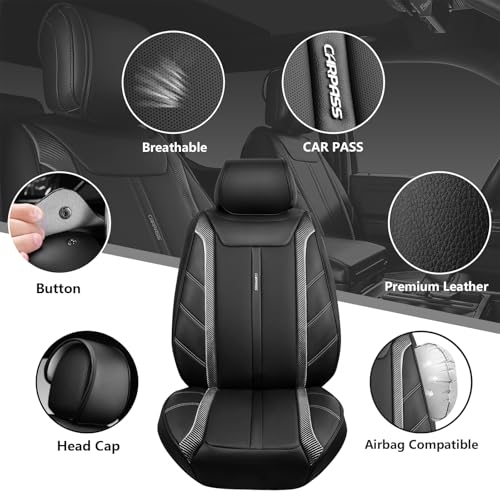 Image of CAR PASS Luxury Faux Leather Two Front Seat Covers, Breathable Premium Automotive Seat Covers Waterproof Anti Slip Airbag Compatible Universal Fit for 95% Trucks Suvs Sedans Vans, Carbon Fiber Black