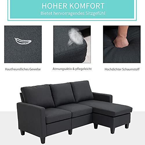 HOMCOM Ecksofa, 3 Sitzer Sofa und Kissen, Eckcouch, L-Form Couch für Wohnzimmer, Schlafzimmer 197 x 139 x 91 cm, Leinen, Dunkelgrau