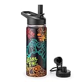 Skyflora 18oz Insulated Water Bottle with Straw Lid & Spout Lid, Game Time, Gift for Kids Boys Girls Student Sports Travel Fitness Hiking Outdoors, Double Wall, Hands Wash Only, Black