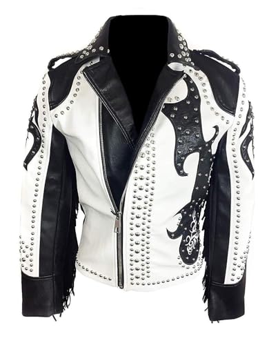 Mens Tribal Rock Punk Rivet Gothic Studded Motorcycle Fringes Biker Leather Jacket-Black White Western Style Jacket
