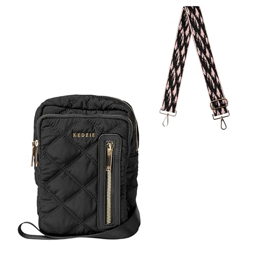 KEDZIE Cloud 9 Quilted Puffer Convertible Sling Bag (Black) & Embroidered Interchangeable 2-Inch Bag Strap (Impressionist)