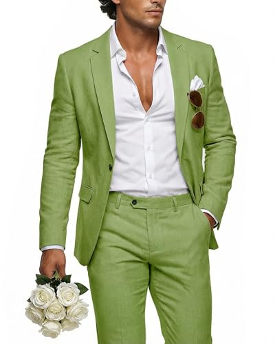 Image of MY'S Men's 2 Piece Regular Fit Linen Suit Set, One Button Lightweight Jacket Pants for Business, Casual, or Prom