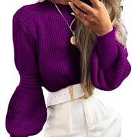 Blusa Feminina de Tricot Canelado com Manga Longa Bufante Casual e Elegante para o Inverno (BR, Alfa, Único, Regular, LILÁS ESCURO)