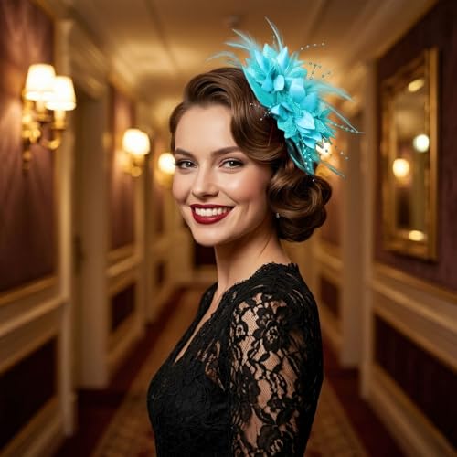 Image of DRESHOW Womens Fascinators Hats Tea Party Hats for Women Pearl Lace Feather Hat Vintage Derby Hats for Wedding Cocktail