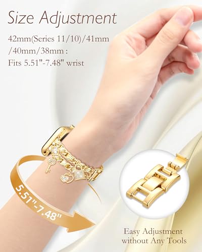 Image of Slim Gold Metal Band Compatible with Apple Watch Bands for Women 38mm 40mm 41mm 42mm 44mm 45mm 46mm, Dressy Designer Charm Bracelet Thin iWatch Bands for SE 3 2 1 Series 11 10 9 8 7 6 5 4 3 2
