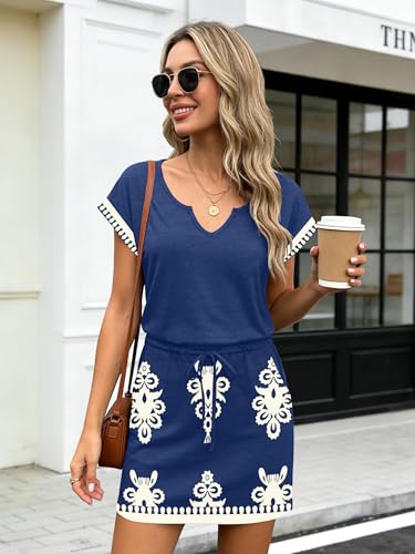Image of SAUKOLE Women Summer T Shirt Dress Casual Short Sleeve V Neck Dress with Pockets Drawstring Waist Short Dresses
