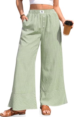 TARSE Womens Gingham Striped Linen Pants Wide Leg Casual Cute Pajama Lounge Bottoms Plaid Trousers with Pockets(GreenWhitePlaid,L)