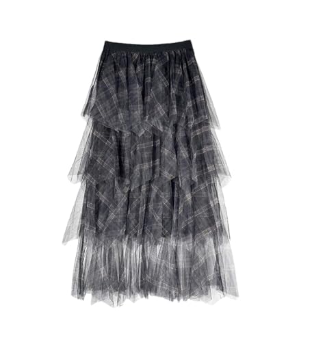 Women Elastic High Waist Tulle Black Plaid Irregular Layers Mesh Cake Midi Skirt Loose Festival Skirts