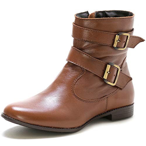 Bota Feminina Couro Cano Médio Fivela Dupla (34, Marrom)